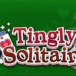 Zielone tło z napisem Tingly Solitaire, kartami do gry i grafiką przedstawiającą postać króla trzymającego miecz