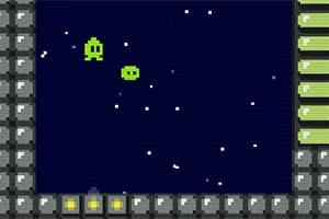 Dwóch zielonych pikselowych kosmitów na tle gwieździstego nieba otoczonego pikselowymi ramkami