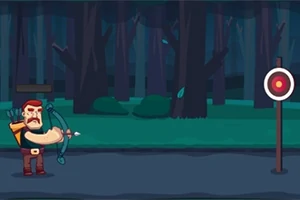 Mężczyzna w lesie z łukiem celuje do tarczy strzelniczej