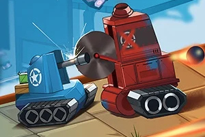 Niebieski czołg z dużą piłą tarczową walczy z czerwonym czołgiem na kafelkowanej podłodze