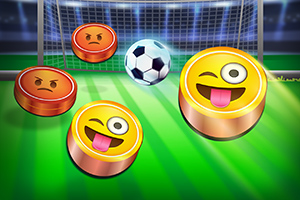 Emotikony z różnymi wyrazami twarzy i piłka nożna na boisku przed bramką
