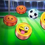 Emotikony z różnymi wyrazami twarzy i piłka nożna na boisku przed bramką