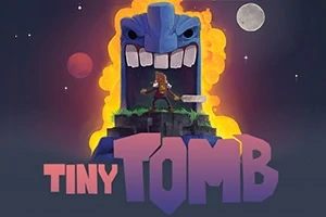 Postać stojąca przed wielką, niebieską rzeźbą z otwartymi ustami i ognistym tłem na tle gwiaździstego nieba z dwoma księżycami, z napisem Tiny Tomb na dole