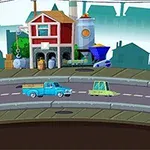 Animowana scena z drogą, różnokolorowymi samochodzikami i budynkiem w tle