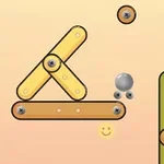 Kolorowe belki złączone śrubami, metalowa kulka oraz żółta buźka na beżowym tle