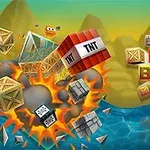 Eksplozja drewnianych skrzyń i dynamitu nad wodą z literami układającymi się w napis TNT BOMB na tle gór