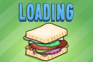 Napis LOADING nad kolorową kanapką z szynką, sałatą, pomidorem i cebulą na zielonym tle