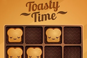 Grafika przedstawia układankę z kromkami chleba z zamkniętymi oczami na polach ciemnobrązowej planszy z napisem Toasty Time u góry