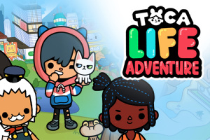 Postacie w stylu kreskówkowym na kolorowym tle z widocznym miastem i napisem „Toca Life Adventure”