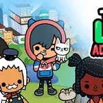 Postacie w stylu kreskówkowym na kolorowym tle z widocznym miastem i napisem „Toca Life Adventure”