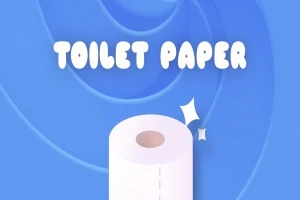 Biała rolka papieru toaletowego na niebieskim tle z napisem TOILET PAPER