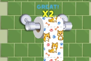 Rolka papieru toaletowego z rysunkami psów i kości na tle zielonych płytek z napisem „GREAT!