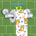 Rolka papieru toaletowego z rysunkami psów i kości na tle zielonych płytek z napisem „GREAT!