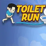 Postać biegnąca w stronę toalety obok napisu TOILET RUN na niebieskim tle