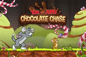 Tom i Jerry biegają po kolorowym, cukierkowym krajobrazie z nazwą Chocolate Chase na górze
