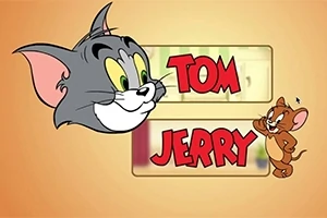 Postacie kota i myszy z napisami „Tom” i „Jerry” na pomarańczowym tle