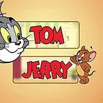 Postacie kota i myszy z napisami „Tom” i „Jerry” na pomarańczowym tle