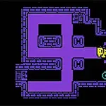 Fioletowy labirynt w stylu retro z żółtą postacią i niebieskim obiektem na czarnym tle