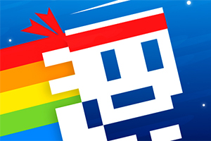 Biała, pikselowa twarz postaci z czerwoną opaską na niebieskim tle, z tęczowym śladem po lewej stronie