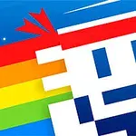 Biała, pikselowa twarz postaci z czerwoną opaską na niebieskim tle, z tęczowym śladem po lewej stronie