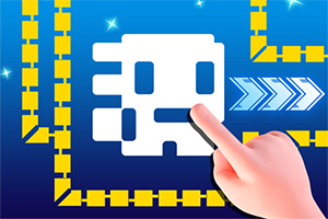 Biała pikselowa postać obok dłoni wskazującej na strzałkę, otoczona żółtymi klockami na niebieskim tle