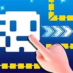 Biała pikselowa postać obok dłoni wskazującej na strzałkę, otoczona żółtymi klockami na niebieskim tle