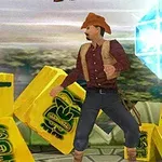 Mężczyzna w kowbojskim kapeluszu i kamizelce stoi obok dużych żółtych bloków z symbolami, w pobliżu lewituje niebieski kryształ