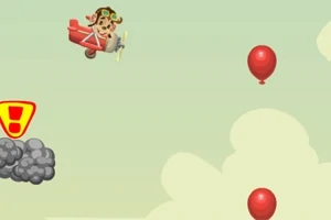 Samolot z pilotem w kapeluszu leci obok czerwonych balonów i chmurki z wykrzyknikiem na zielonym tle