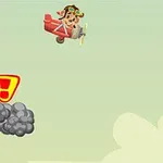 Samolot z pilotem w kapeluszu leci obok czerwonych balonów i chmurki z wykrzyknikiem na zielonym tle