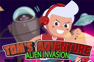 Ilustracja przedstawia animowaną postać chłopca z białymi włosami i czerwonymi słuchawkami na tle statku kosmicznego oraz napis Toms Adventure Alien Invasion