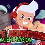 Ilustracja przedstawia animowaną postać chłopca z białymi włosami i czerwonymi słuchawkami na tle statku kosmicznego oraz napis Toms Adventure Alien Invasion