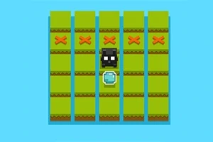 Czarny pikselowy stworek i niebieski diament na zielonych polach z czerwonymi krzyżykami na błękitnym tle