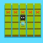 Czarny pikselowy stworek i niebieski diament na zielonych polach z czerwonymi krzyżykami na błękitnym tle