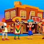 Postacie w kreskówkowym stylu trzymające broń przed budynkiem saloonu na tle pustynnego krajobrazu