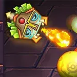 Maska z kamienia wypluwająca kulę ognia w kierunku kolorowych kul ustawionych w wężowy kształt