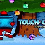 Świąteczna scena z pikselowym Mikołajem stojącym pod udekorowaną choinką, na tle napisu Touch & Catch Santa