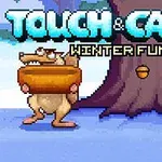 Kreskówkowy gryzoń stoi przed drzewem trzymając duży orzech, na niebieskim tle z napisem Touch & Catch Winter Fun