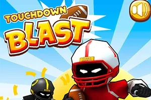Postacie w kaskach futbolowych biegną z piłką, na tle niebieskiego nieba z promieniami i tekstem TOUCHDOWN BLAST