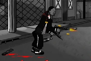 Postać w czarnym ubraniu strzela z dwóch pistoletów na ulicy, otoczona amunicją i czerwonymi plamami na ziemi