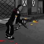 Postać w czarnym ubraniu strzela z dwóch pistoletów na ulicy, otoczona amunicją i czerwonymi plamami na ziemi