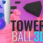 Fioletowa kula spada po białej wieży otoczonej różowymi i czarnymi elementami na fioletowym tle, z napisem TOWER BALL 3D