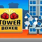 Postać w czerwonych rękawicach bokserskich rozbija pięścią budynek, w tle widoczne niebieskie niebo i zarys miasta, obok logo z czerwonymi rękawicami i napisem Tower Boxer