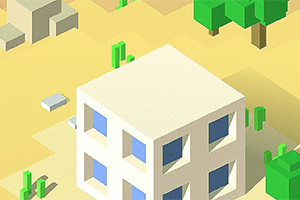 Izometryczny rysunek przedstawiający biały budynek z niebieskimi oknami w pustynnej scenerii z kaktusami i drzewami