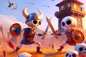 Dwóch szkieletów, ubranych w wikingowe hełmy i tarcze, walczy mieczami na tle wieży obronnej, a na niebie lecą strzały