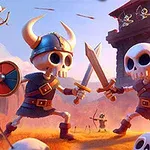 Dwóch szkieletów, ubranych w wikingowe hełmy i tarcze, walczy mieczami na tle wieży obronnej, a na niebie lecą strzały