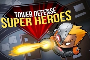 Ilustracja przedstawia postać w hełmie strzelającą laserem na tle tekstu Tower Defense Super Heroes na czerwonym i czarnym tle