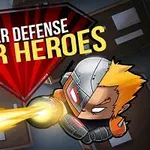 Ilustracja przedstawia postać w hełmie strzelającą laserem na tle tekstu Tower Defense Super Heroes na czerwonym i czarnym tle