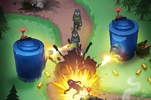 Wystrzałowy wybuch na leśnej ścieżce pomiędzy dwiema niebieskimi wieżyczkami strzelającymi w nadchodzące postacie