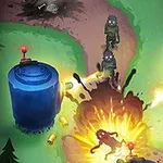 Wystrzałowy wybuch na leśnej ścieżce pomiędzy dwiema niebieskimi wieżyczkami strzelającymi w nadchodzące postacie