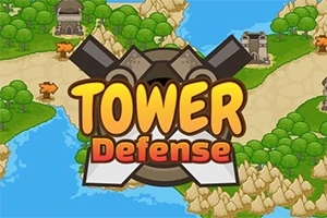 Napis Tower Defense na tle mapy z drogami, rzekami i wieżami obronnymi